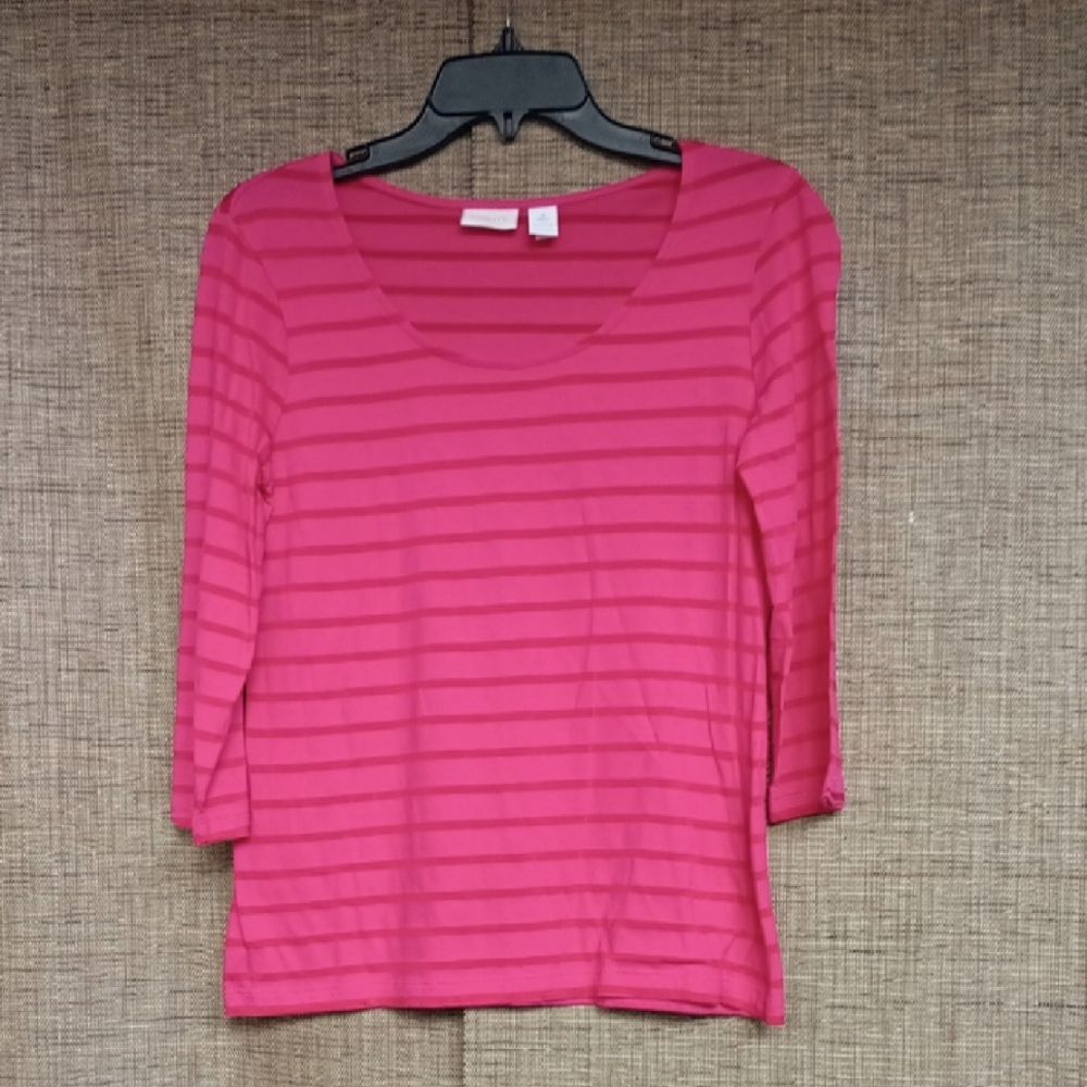 Chico's Vibrant Pink Striped Cotton Blend Tee